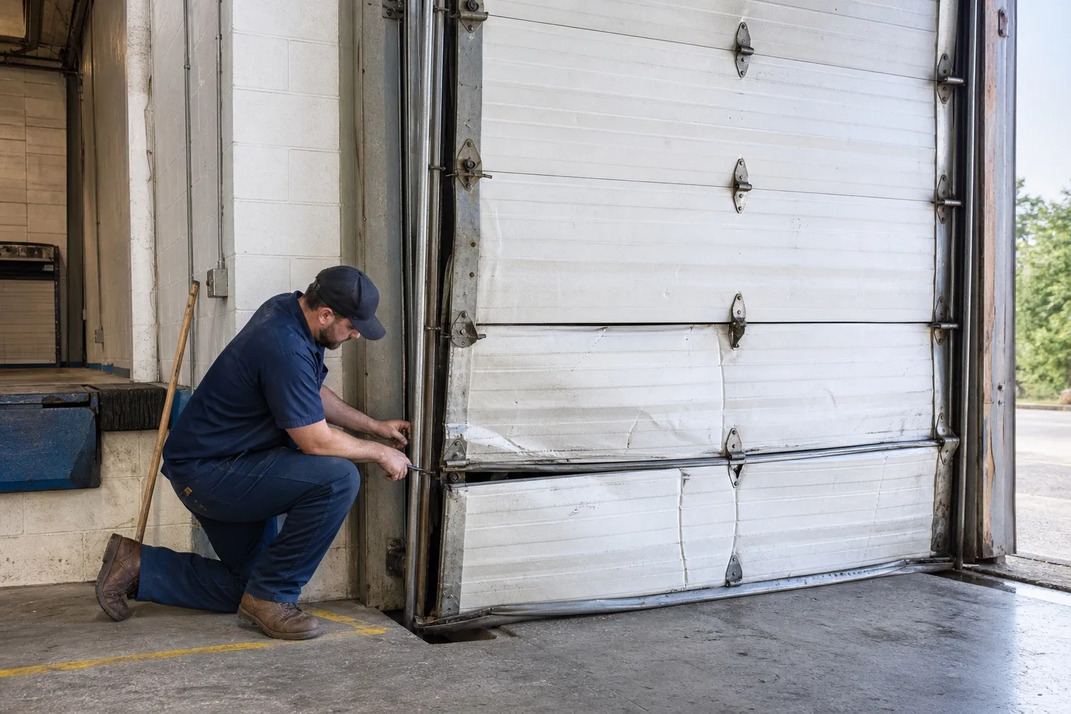 Dock door repaired after a truck impact