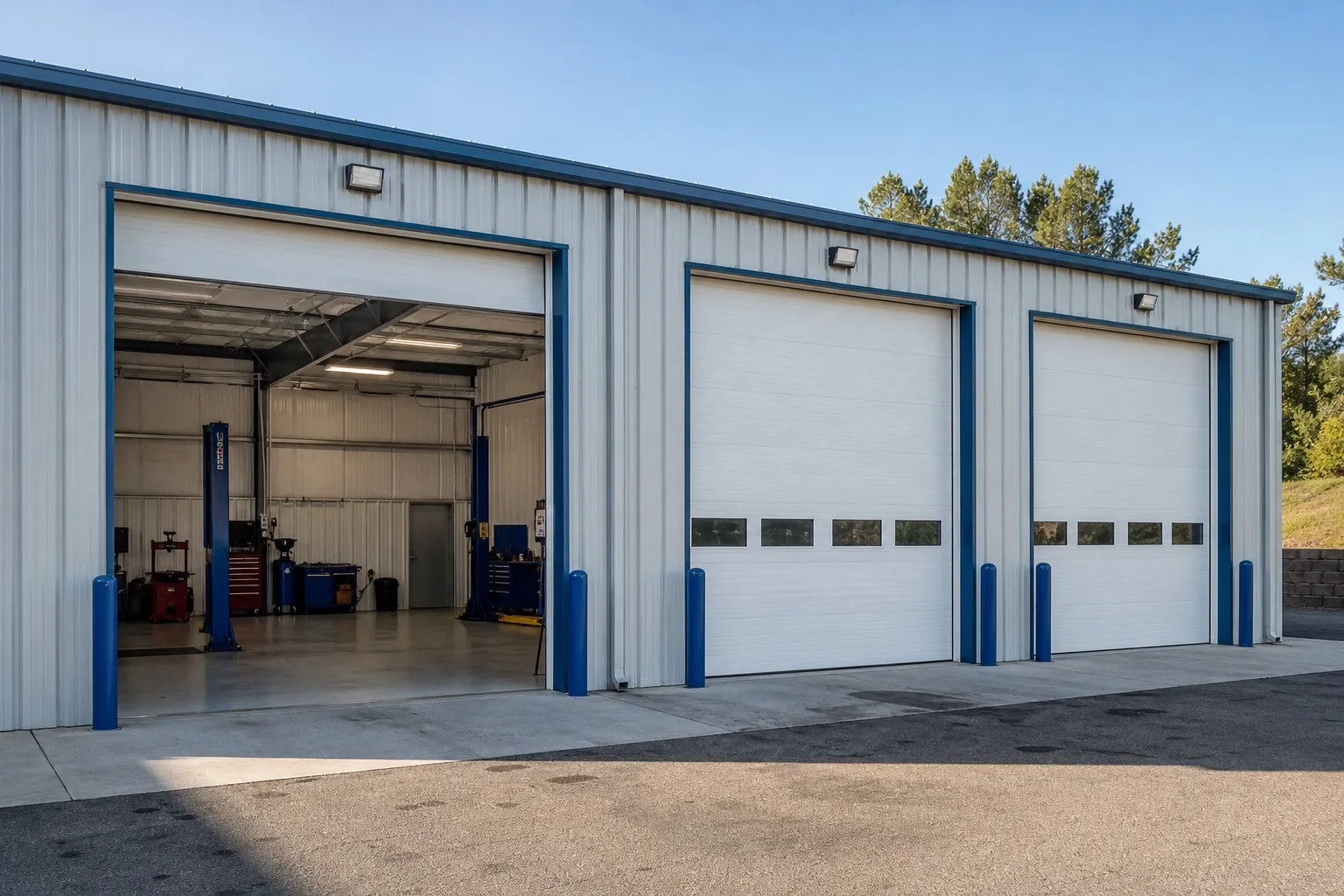 Three-bay commercial service facility with sectional garage doors