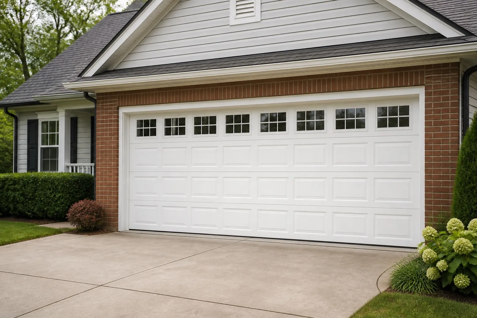 A white raised panel garage door with a top row of windows on a shingled home