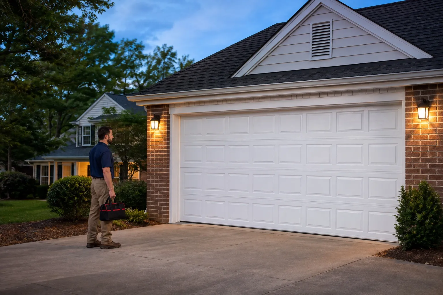 Technician standing beside a closed residential garage door at dusk