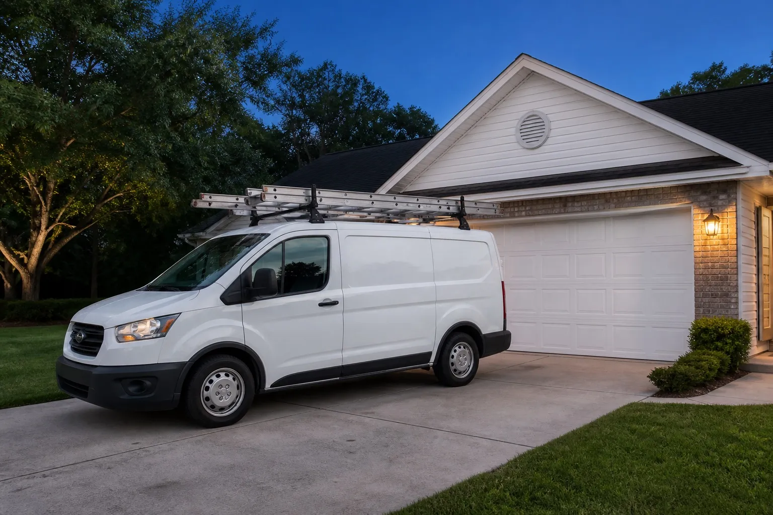 White cargo van with a ladder rack parked beside a residential garage at dusk