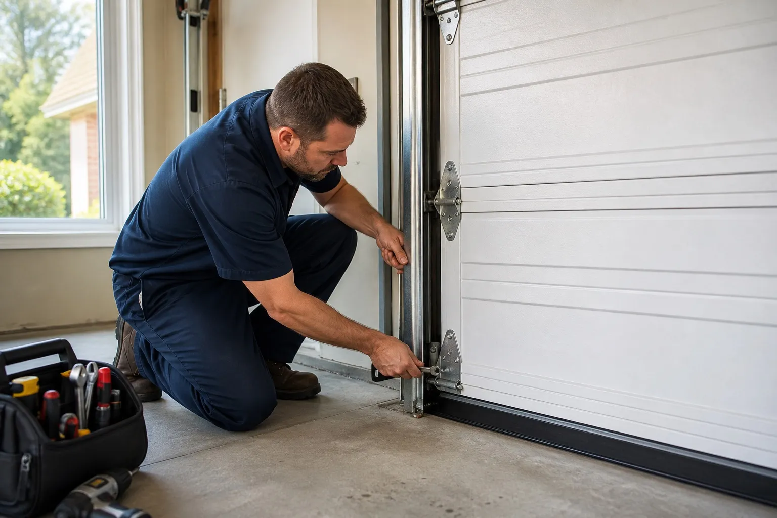 Technician repairing a garage door track