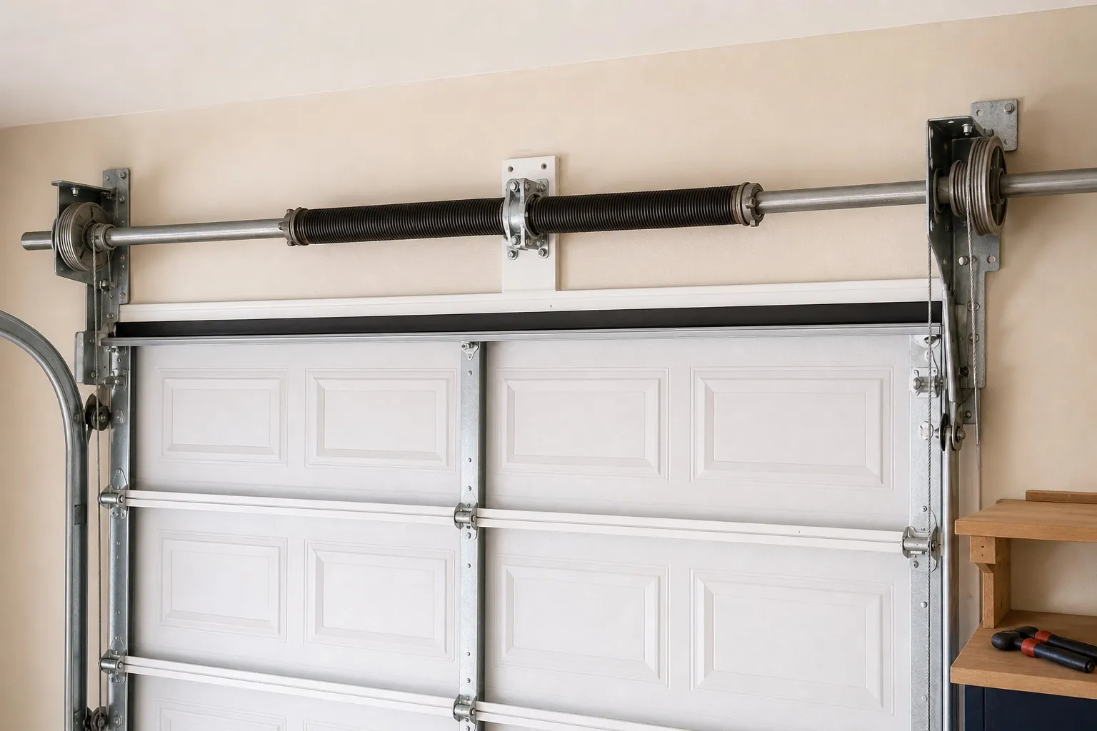 Torsion spring and cable assembly above a garage door