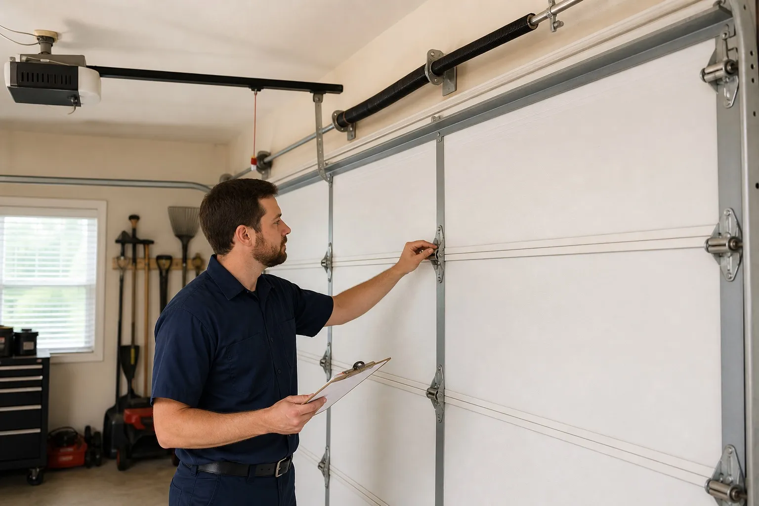 A technician servicing the opener and hardware on a garage door
