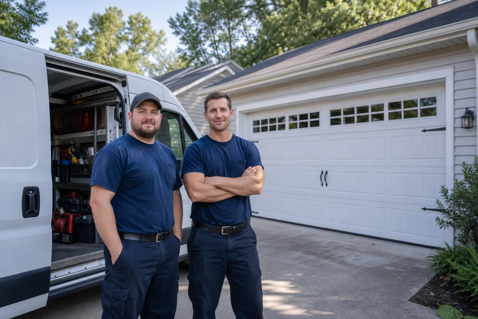 Two garage door technicians beside a service van at a residential garage