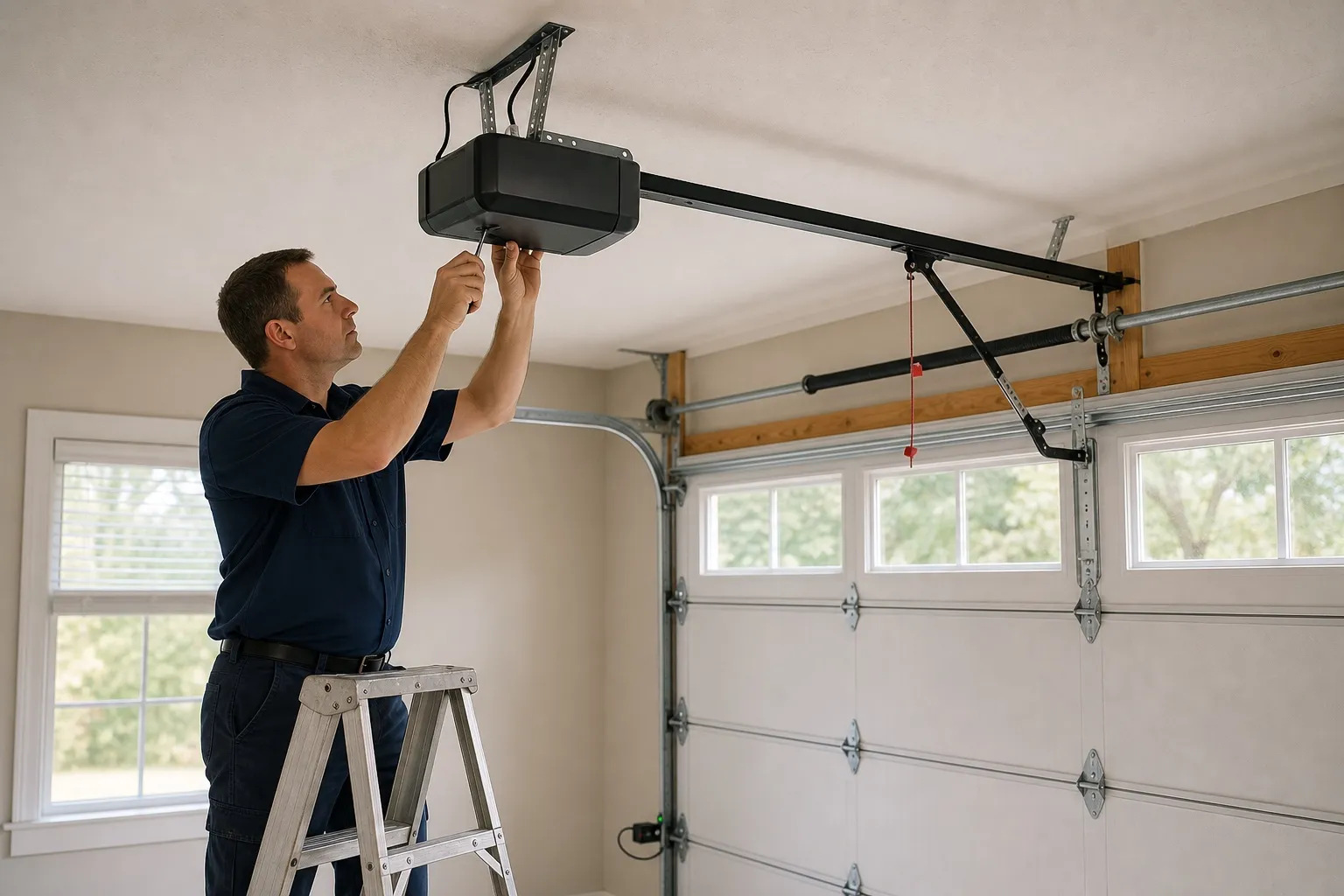 Garage door opener motor unit mounted to a ceiling