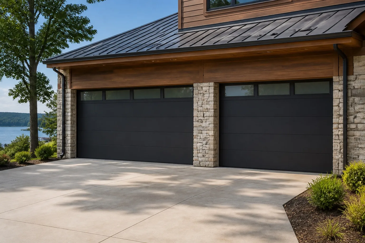 Two matte charcoal flush-panel garage doors on a Lake Keowee home