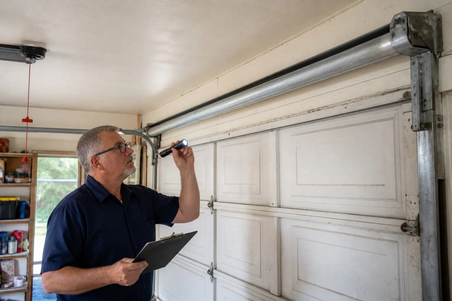 Technician inspecting an enclosed spring tube above an older residential garage door