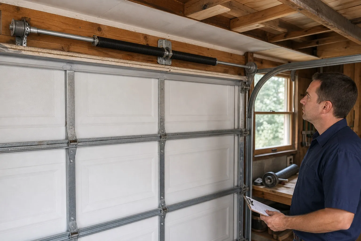 Technician inspecting a completed torsion conversion above an older garage door